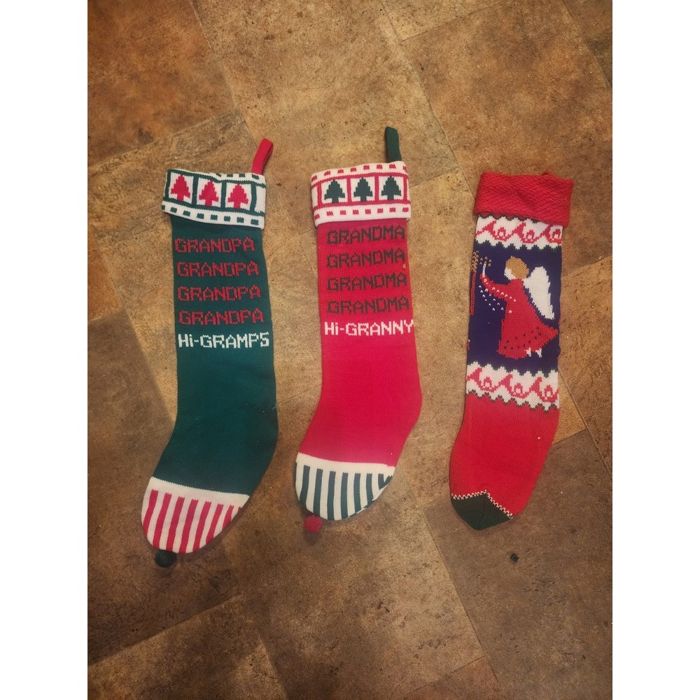 Vintage Set Of 3 Kurt Adler Knit Christmas Stockings, Granny, Gramps & Angel 80s